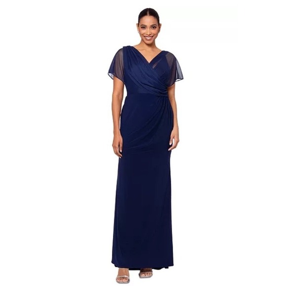 B&A by Betsy & Adam Dresses & Skirts - Betsy & Adam Navy Blue Draped-Mesh V-Neck Sheath Dress Sz 4 Mother of the Bride